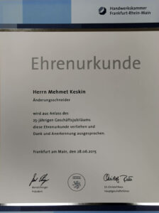 Ehrenurkunde von der HWK Frankfurt am Main