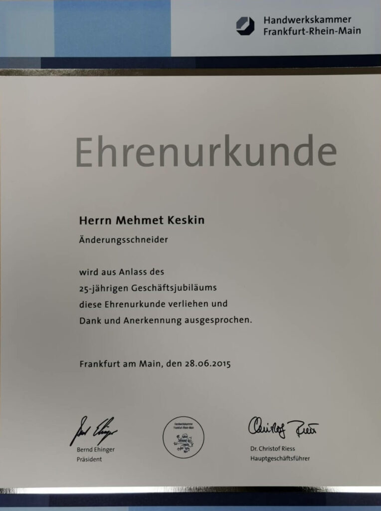 Ehrenurkunde von der HWK Frankfurt am Main